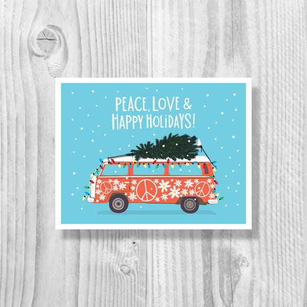 Peace Love VW Bus/Van Christmas Cards - Single Card or Boxed Set Hippie Boho Beach - H231