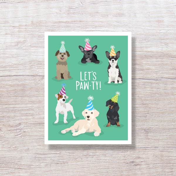 Birthday card, BIRTHDAY DOGS, Illustrated Birthday Card with Hand Lettering, for him for her - D305