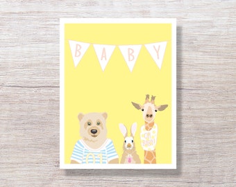 New Baby Boy Card, New Baby Girl Card, Baby Congratulations, Expecting Baby Shower, unisex BABY ANIMAL greeting card - D276