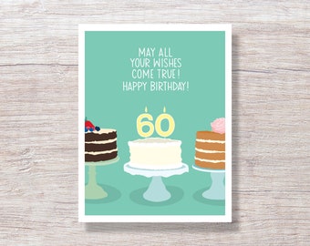 60 BIRTHDAY CARD, Illustrated Birthday Card with Hand Lettering. Sixty 60th Sixtieth, for mom for dad for grandmom for granddad - N60