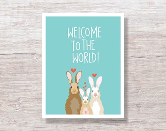 BABY RABBIT Welcome to the World - New Baby, Gender Neutral Congratulations Card - D438