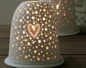 Small white Valentines hand pierced porcelain ceramic tea light candle holder with heart detail. Hand made Stoneware. Nightlight.