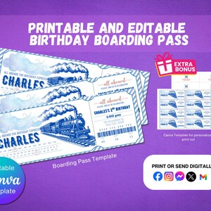 Train Ticket Birthday Invitation, All Aboard 2nd Birthday Party Invite, Editable Canva Template, Printable Train Party Ticket Boy Birthday