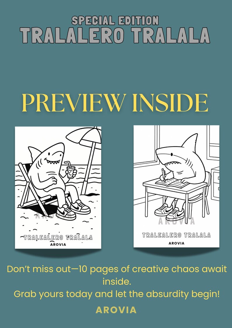 10 Pages Anomali Tralalero Tralala Shark Cute Coloring Pages, Brainrot