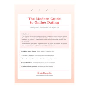 Könnte beinhalten: Ein rosa-weißes Handbuch mit dem Titel "The Modern Guide to Online Dating" und dem Untertitel "Finding Real Connection in the Digital Age". Der Ratgeber bietet Tipps zu Dating-Apps, Sicherheit, Profilen, ersten Dates und dem Umgang mit Ablehnung.