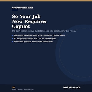 Könnte beinhalten: Ein dunkelblauer digitaler Leitfaden mit dem Titel A Brokehouseco Guide: So Your Job Now Requires Copilot. Der Text enthält einen Survival-Guide in einfachem Englisch, eine App-für-App-Aufschlüsselung für Word, Excel, PowerPoint, Outlook, Teams, 40 Prompts und einen 4-Wochen-Gewohnheitstracker.