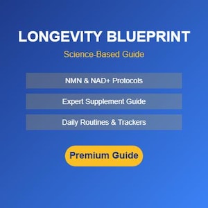 May include: A blue graphic with white text reading "LONGEVITY BLUEPRINT" and "Science-Based Guide." Below are gray rectangles with text: "NMN & NAD+ Protocols," "Expert Supplement Guide," and "Daily Routines & Trackers." A yellow oval reads "Premium Guide."