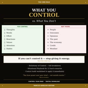 May include: A black and gold informational chart titled WHAT YOU CONTROL vs. What You Don't. It lists items under YOU CONTROL and NOT YOURS, including Thoughts, Words, Effort, People, and Outcomes. It features the text If you can't control it — stop giving it energy and a quote by Marcus Aurelius.