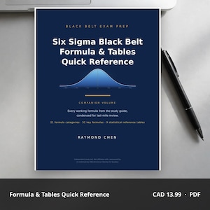 May include: A dark blue book titled Six Sigma Black Belt Formula & Tables Quick Reference by Raymond Chen. The cover features a white bell curve graphic, gold text accents, and lists 21 formula categories, 52 key formulas, and 9 statistical tables.