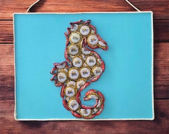 Miller lite Bottle Cap Seahorse Art – Upcycled Coastal Wall Decor