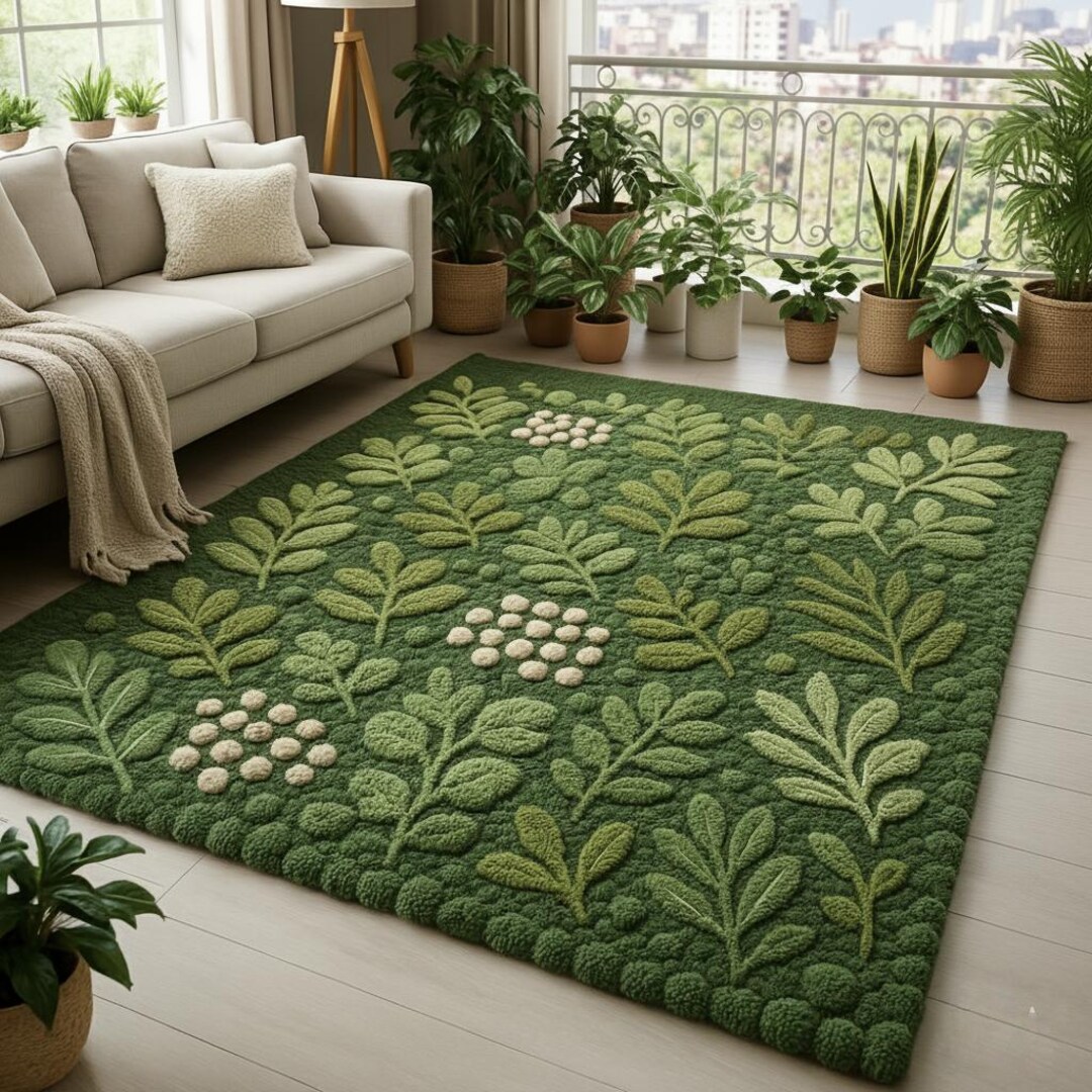 Leafy Handmade Rug Hand Tufted Wool Botanical Leaf Rug, Nature Inspired Green Carpet - Etsy