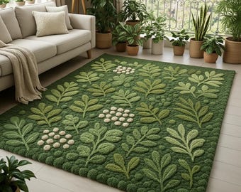Alfombra de lana tejida a mano con motivos botánicos de hojas, alfombra verde inspirada en la naturaleza.