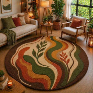 Hand Tufted Wool Rug, Abstract Leaf Design, Earth Tone Round Carpet