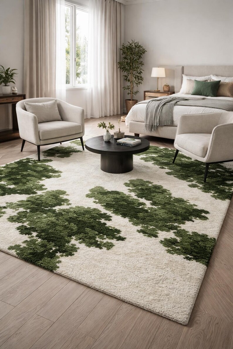 Tree Designed Rugs Modern Botanical Abstract Hand Tufted Rug – Green Leaf Pattern on Ivory ...