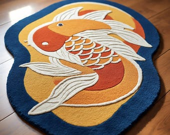 Handmade Koi Fish Tufted Rug, Japanese Style Punch Needle Carpet