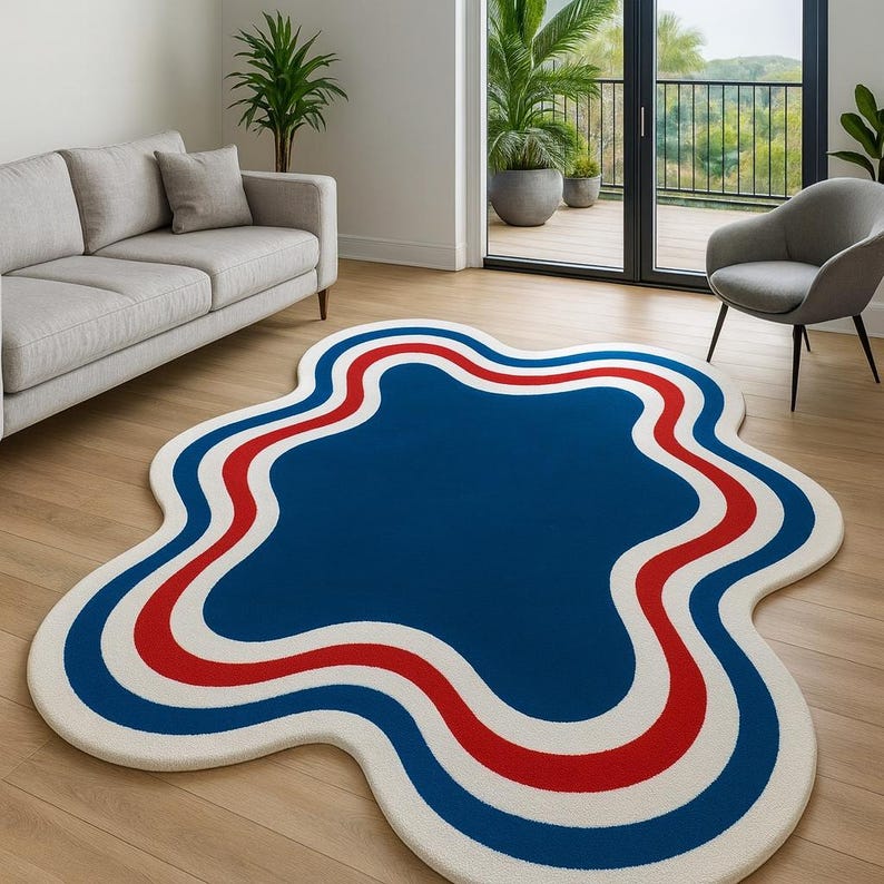 Modern Abstract Wavy Shape Hand Tufted Rug – Blue, Red & White Designer ...