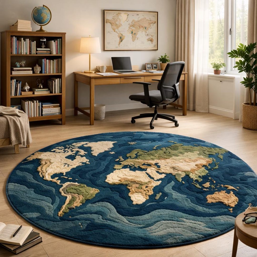 Hand Tufted World Map Rug – Round Earth Design Carpet, Ocean Blue Area ...