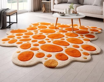 Orange & Cream Organic Shape Area Rug | Hand Tufted Wool Carpet | Contemporary Living Room Decor