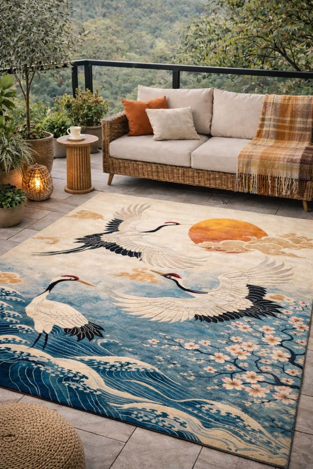 Japanese Crane Sunrise Nature Rug – Elegant Oriental Living Room Carpet ...