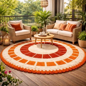 May include: A round outdoor rug with a cream-colored center and concentric rings of orange and red geometric patterns. The rug is placed on a wooden deck, surrounded by wicker furniture, plants, and a small wooden table. The rug's diameter is approximately 7 feet.