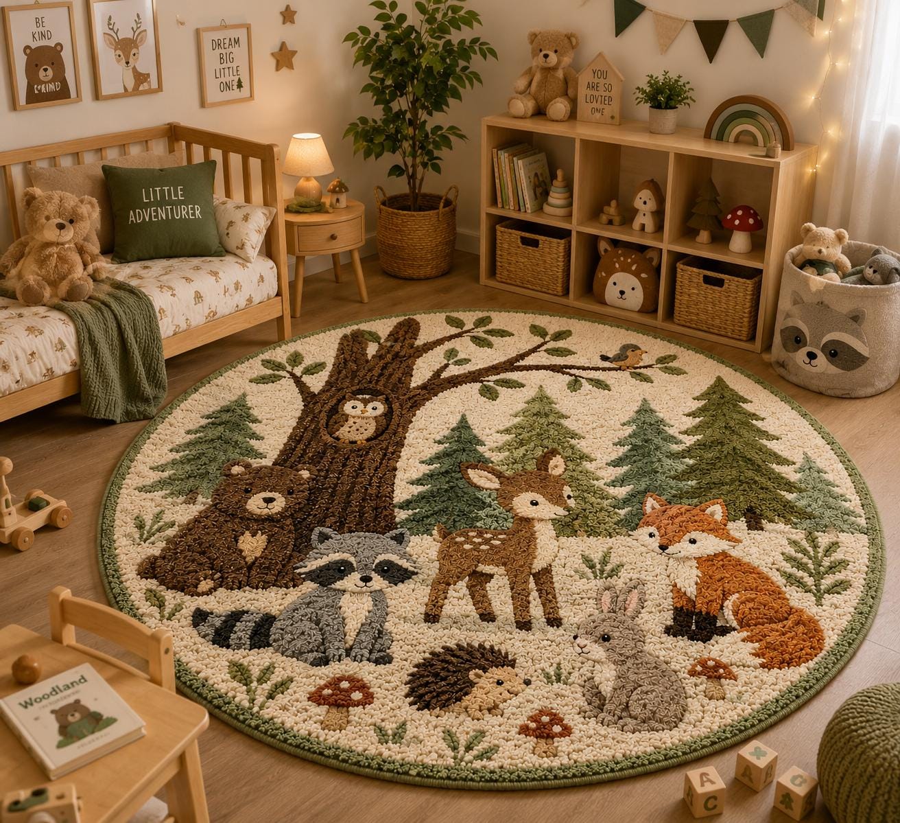 Woodland Animal Kids Round Rug – Forest Nursery Tufted Playroom Carpet ...