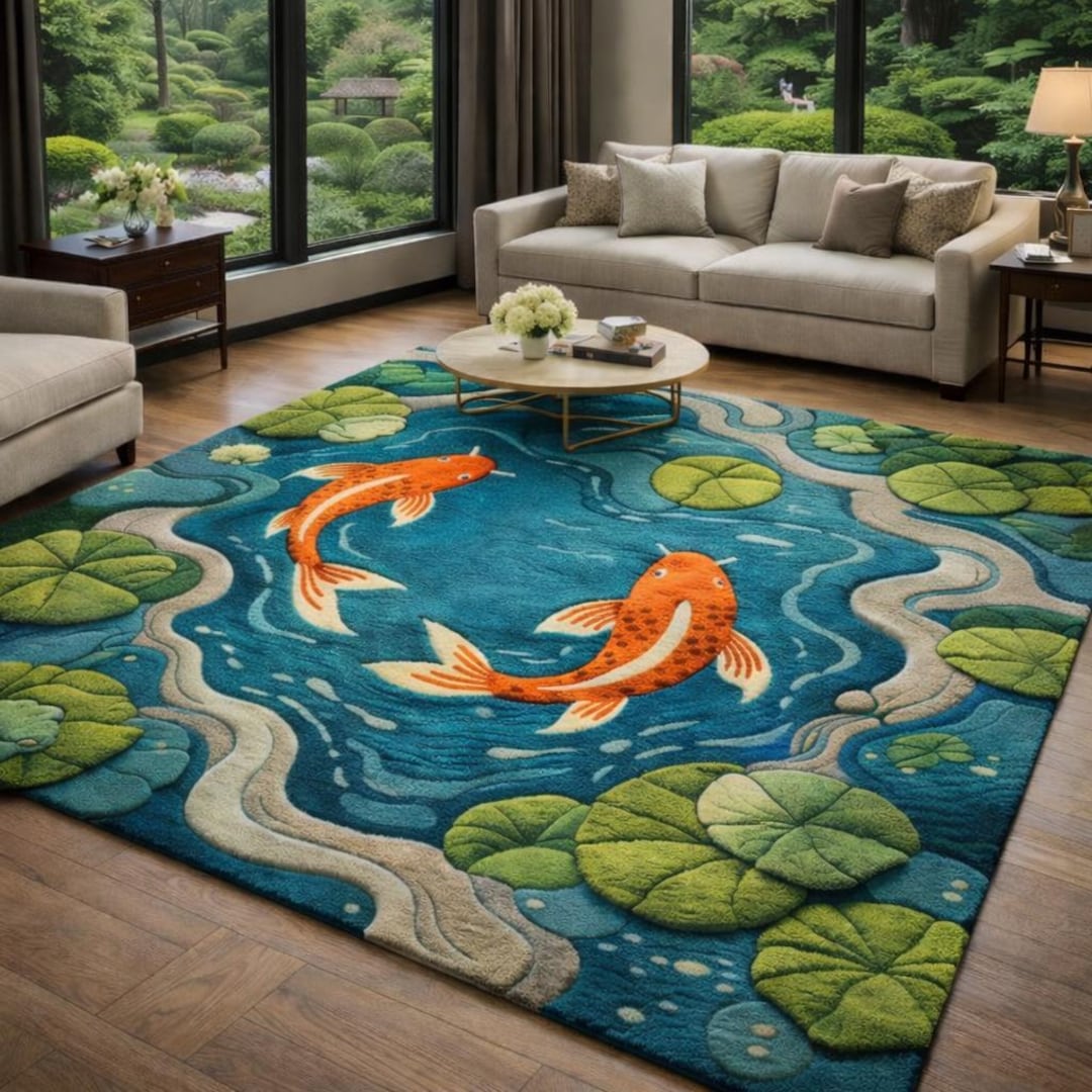 Fish Tuft Rug Koi Fish Pond Hand Tufted Rug – Nature Inspired Water Garden Design - Etsy