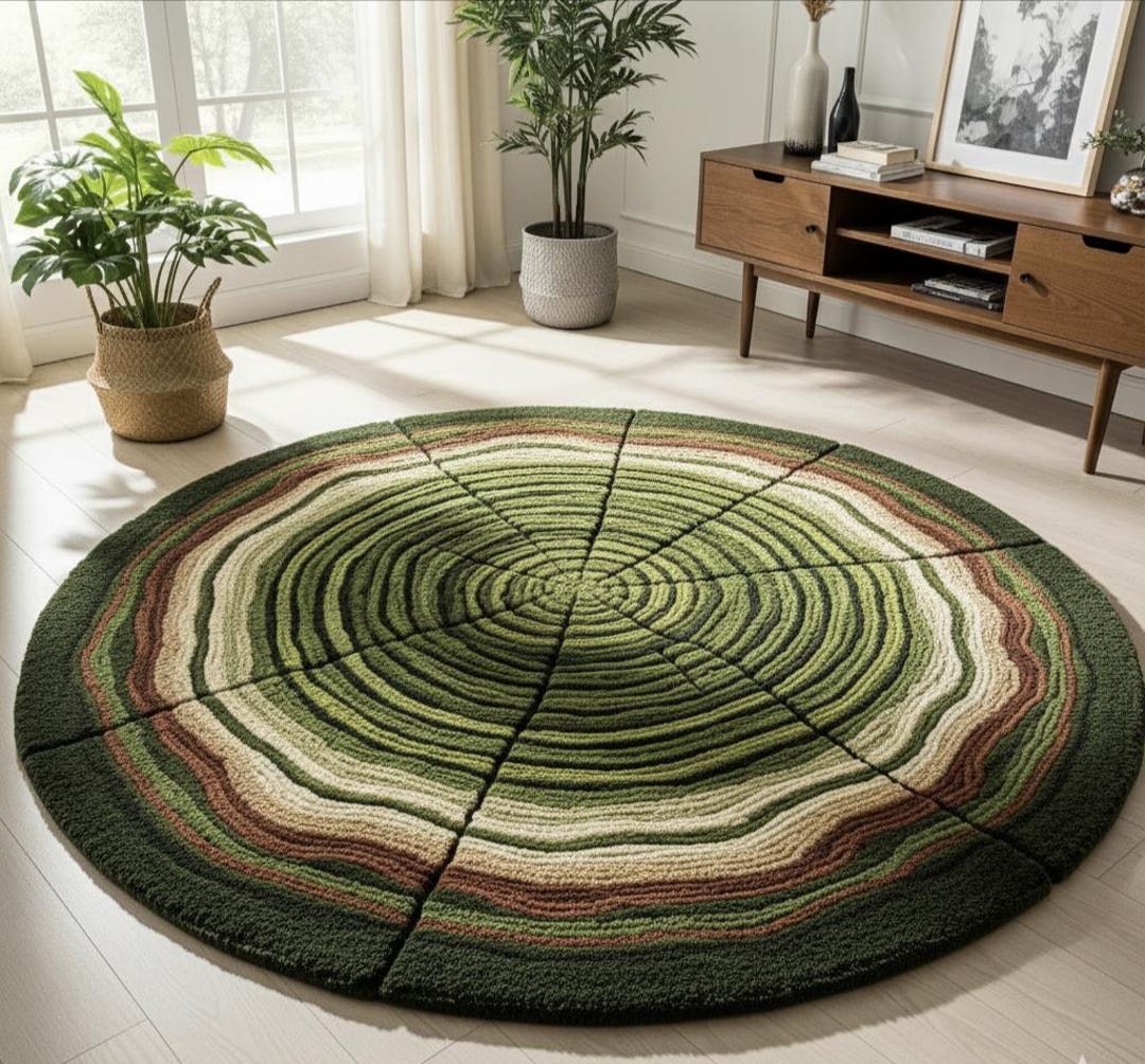 Green Forest Tree-ring Round Rug – Nature Inspired Hand-tufted Carpet ...