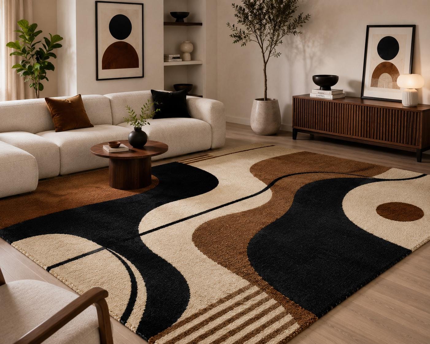 Hand Tufted Wavy Abstract Area Rug | Modern Black Brown Cream Geometric ...