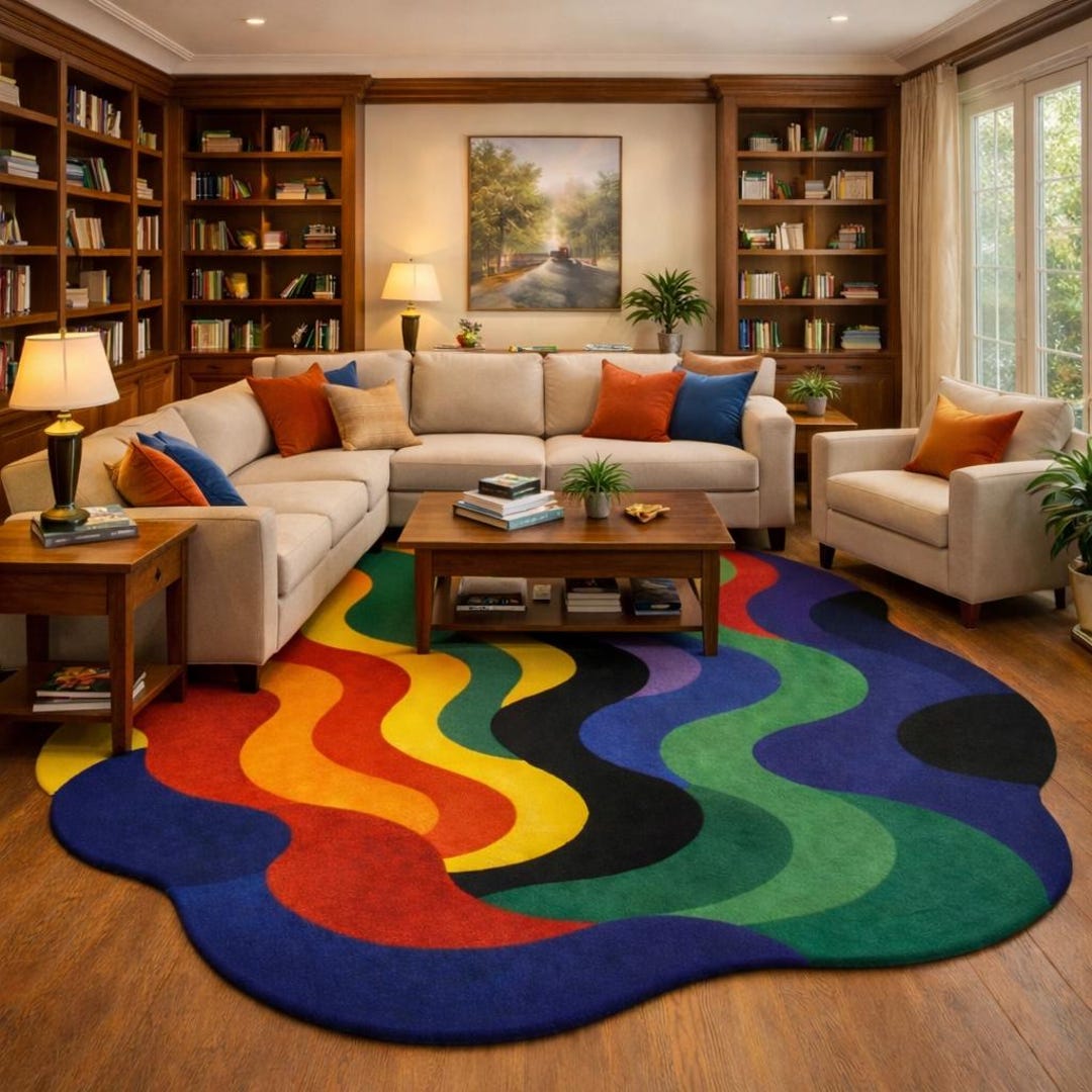 Vibrant Rainbow Wave Abstract Rug – Modern Colorful Curved Pattern ...