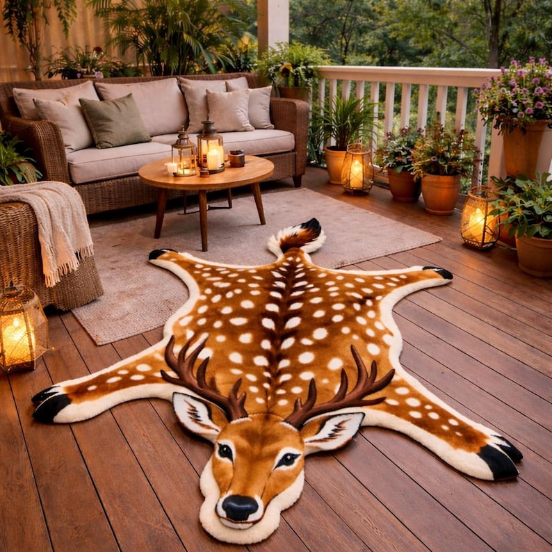 Realistic Deer Shape Faux Fur Rug – Woodland Antlers Wildlife Area ...
