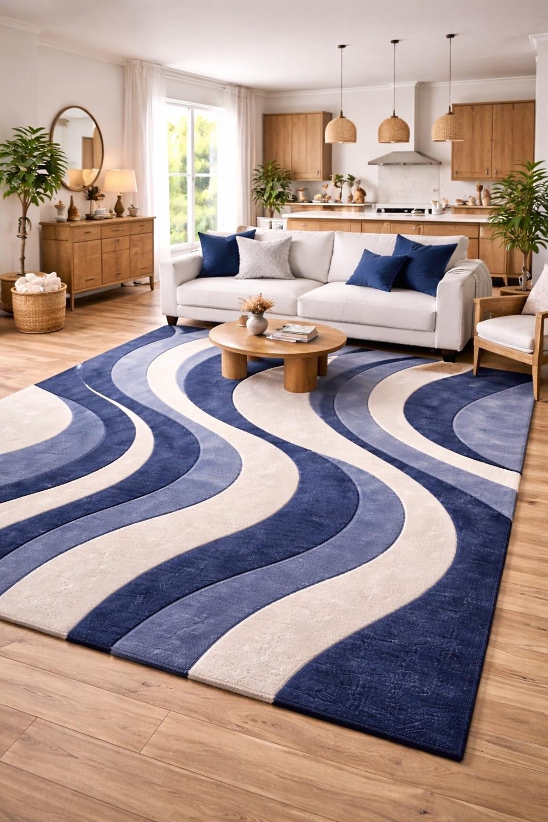 Hand Tufted Wool Area Rug | Modern Blue Wave Design Luxury Rug Living ...