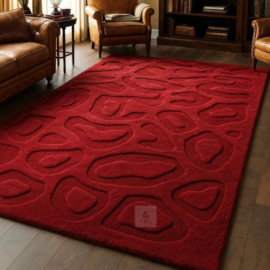 Red Designer Rug Luxury Hand Tufted Red Wool Rug – Modern Abstract Carved Design - Etsy