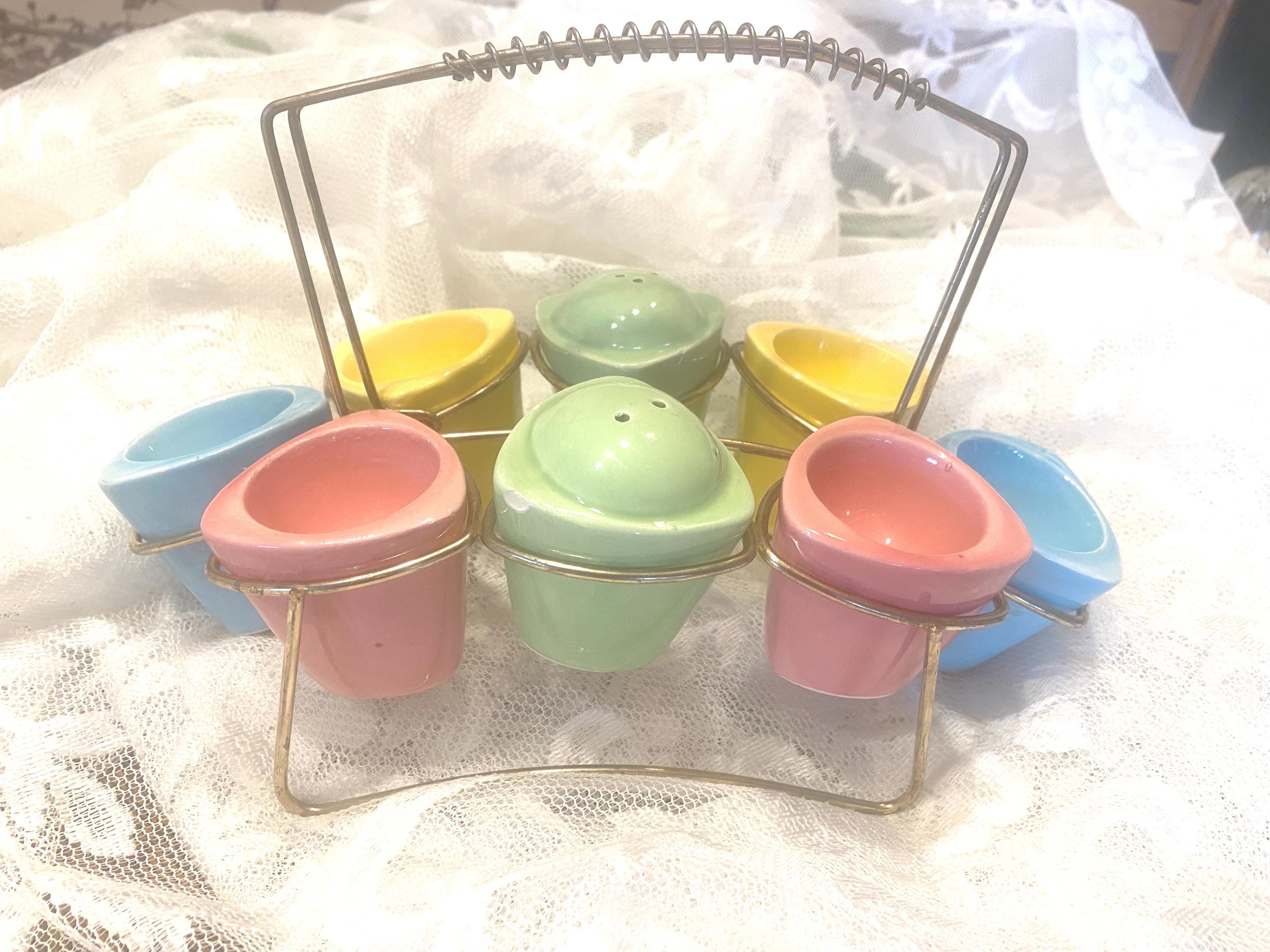 Rare 1950’s MCM Egg Cups & Caddy / 50's Egg Cups / Metal Caddy and Egg Cups / Pastel Egg Cups / Made in Japan / Mid-Century Modern Kitchen