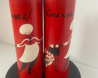 Vintage Red Come N Get It Salt Pepper Grinder Set Mid Century Kitchen Decor Retro Chef BBQ Shakers 1950s