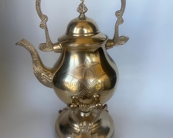 Solid Brass Arabian Tea Pot on Warmer Stand / Arabian Teapot / Saudi Arabian Teapot / Middle Eastern Decor