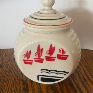 Fire King Vitrock Grease Jar / Uranium Glass / Milk Glass / 1940s / Red Flower Pots