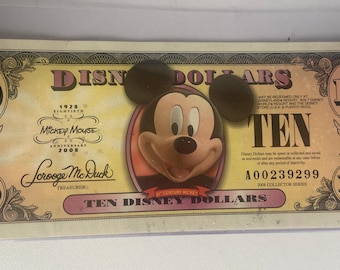 Retired 2008 Uncirculated 10 Dollar Disney Currency / Disney Dollars / Mickey Mouse 10 Dollar Bill / Mickey Mouse Money