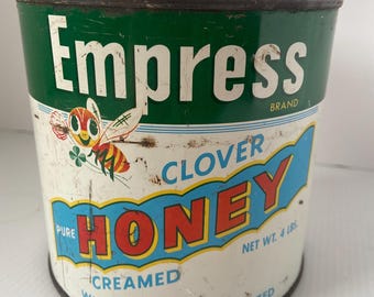 Vintage Empress Clover Honey Tin Canada 4 lb Advertising Canister Beehive Kitchen Farmhouse Rustic Storage Container