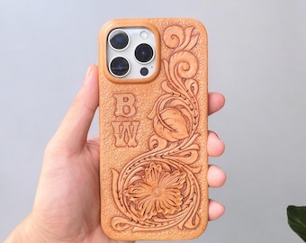 Tooled Leather iPhone Case | Floral Carved Leather | Handmade Full Grain Leather | MagSafe Compatible | Personalized Gift | modle 12-17, Air