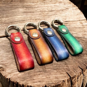 Personalized Leather Keychain – Hand Dyed Patina – Laser Engraved Name or Number – Gift for Him – Veg-Tan Handmade Key Ring