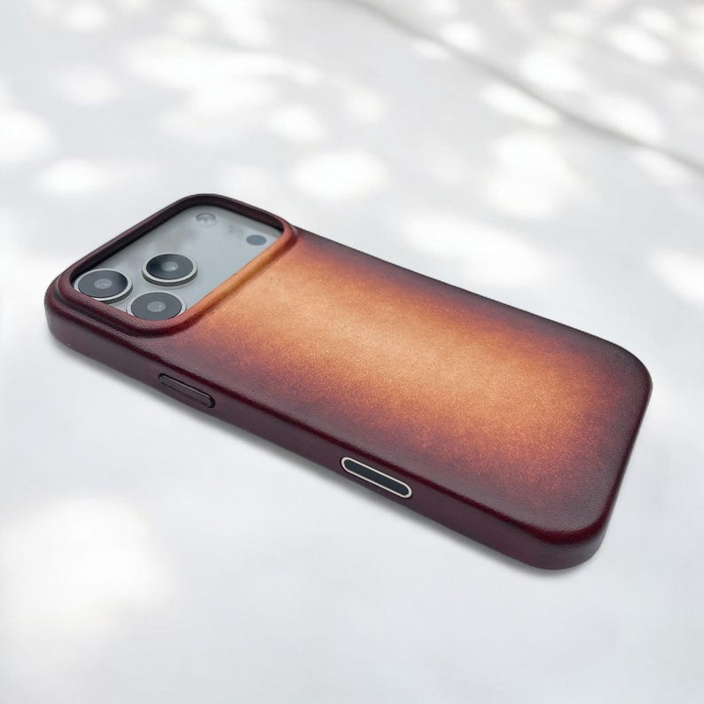 Side view of the leather iPhone case demonstrating its slim profile and precise fit for iPhone models