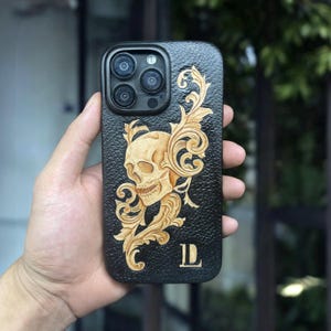 Custom Skull Leather iPhone Case with Personalized Monogram| Personalized | MagSafe Compatible | iPhone 16 Pro Max, 16 Pro, 16 Plus, 16e
