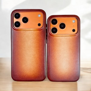 Brown patina leather iPhone case designed for iPhone 12 to iPhone 17 Pro Max, showcasing a stylish and durable protective cover.