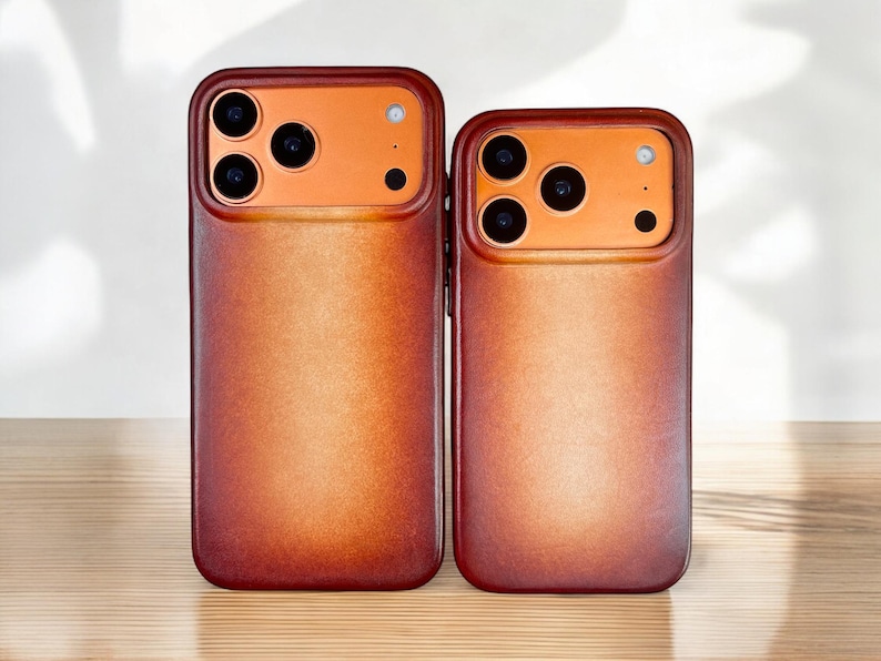 Brown patina leather iPhone case designed for iPhone 12 to iPhone 17 Pro Max, showcasing a stylish and durable protective cover.