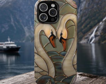 Gebrandschilderd glas zwaan hart telefoonhoesje: romantische pastelvogelkunst