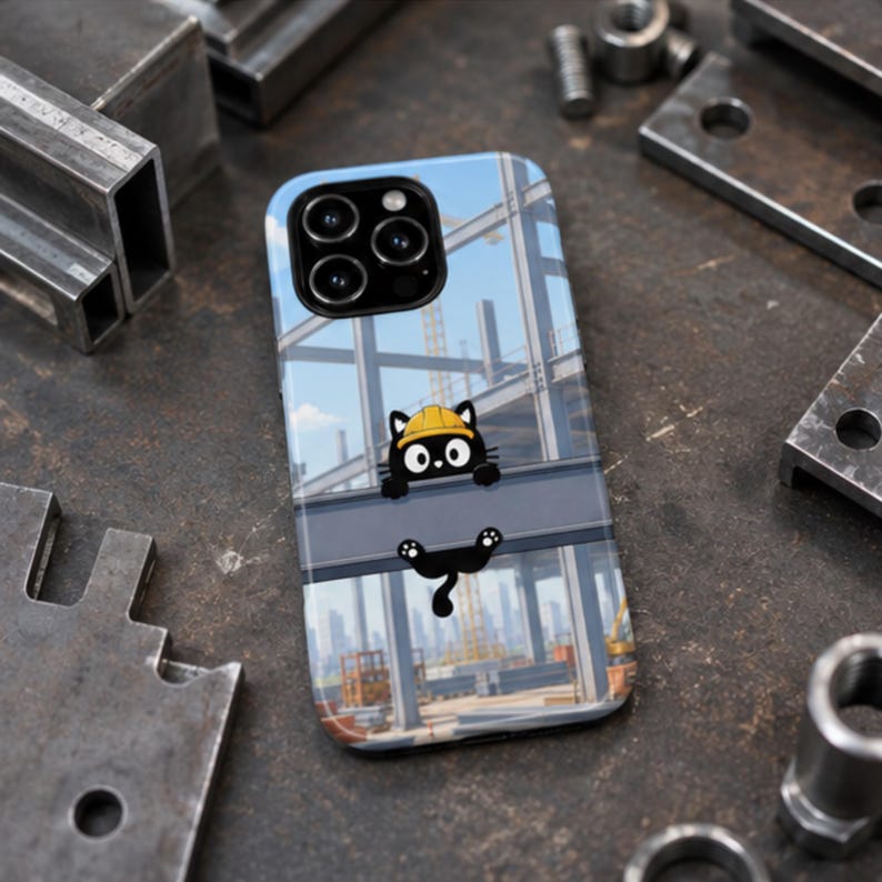 Op de afbeelding: Een smartphonehoesje met een cartoon zwarte kat die een gele veiligheidshelm draagt en aan een stalen balk op een bouwplaats hangt. De achtergrond toont een blauwe lucht en een stadsskyline met kranen en stalen constructies in de verte.