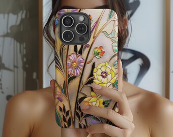 Telefonskal med målat glas och vildblommor: Elegant blommig jugenddesign