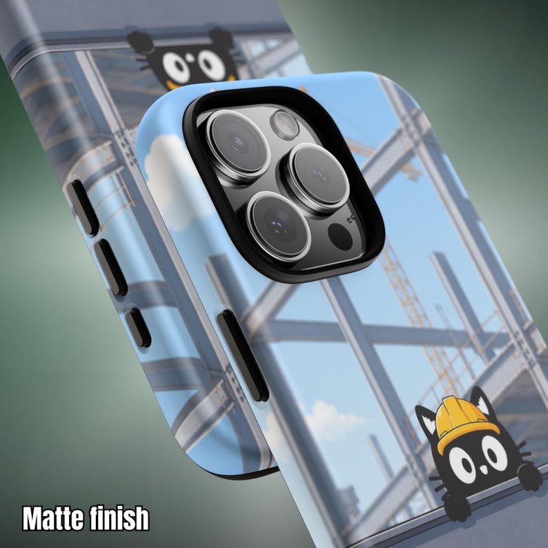 Construction Cat-telefoonhoesje – Black Cat-helm ontwerp met stalen balk (iPhone Samsung Pixel) afbeelding 6