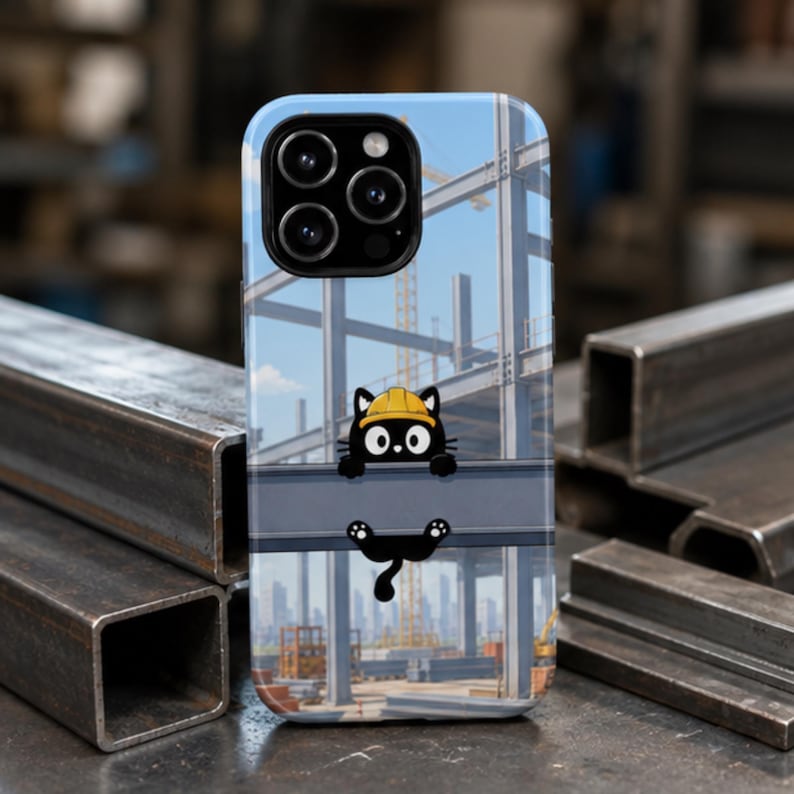 Op de afbeelding: Een smartphonehoesje met een afbeelding van een zwarte kat met een gele veiligheidshelm, hangend aan een stalen balk. De achtergrond toont een bouwplaats met stalen balken, een kraan en een stadssilhouet onder een blauwe lucht.