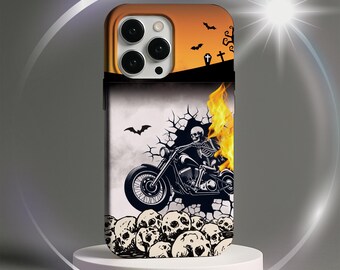 Funda para teléfono Skeleton Rider - Arte gótico de motocicleta de Halloween - Carcasa resistente para iPhone y Samsung